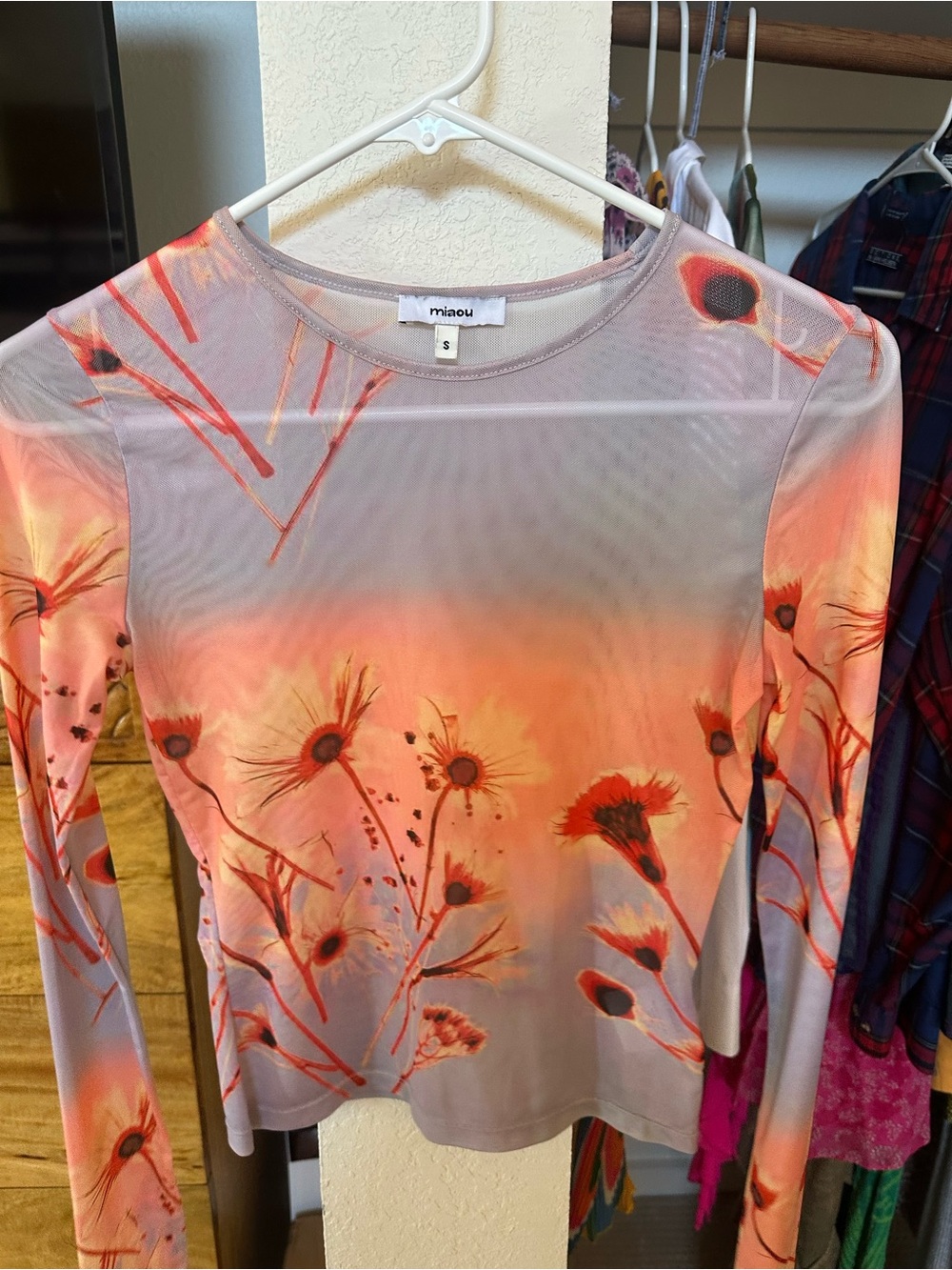Miaou Orange Floral Sheer Long-Sleeve Tee